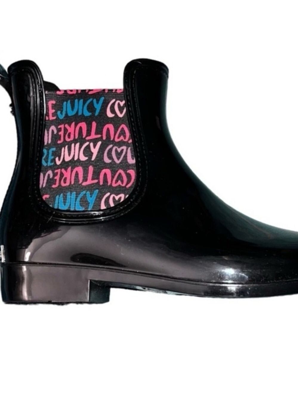 Juicy Couture Romance Black Glossy Rain Boots Waterproof Chelsea Style Logo NWOB - Picture 7 of 8